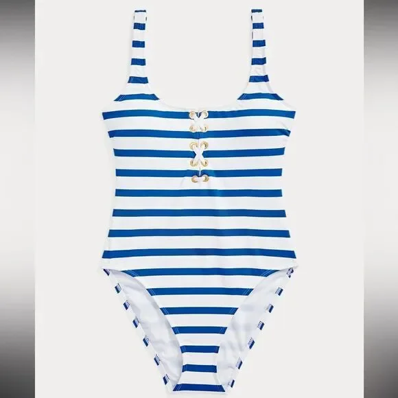 NWT Lauren Ralph Lauren Striped Lace-Up One-Piece - Picture 3 of 7